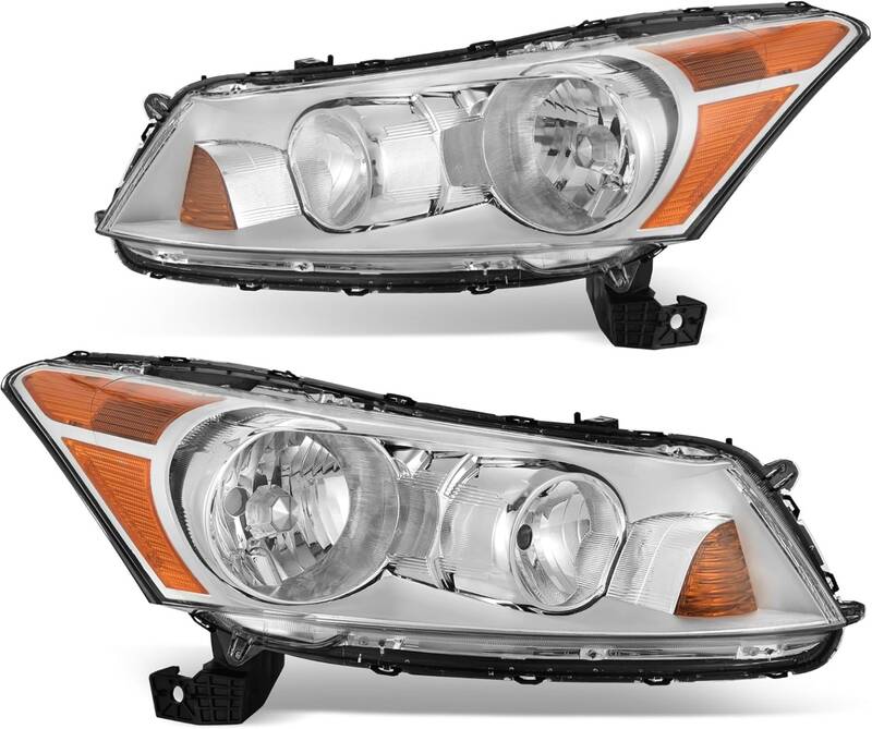 YITAMOTOR® Headlight Assembly Compatible with 2008-2012 Honda Accord 4-Door Sedan Chrome Housing Amber Reflector Headlamp fo...