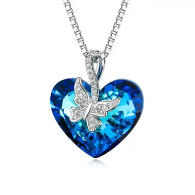 Sterling Silver Blue Heart Butterfly Crystal Pendant Necklace For Women