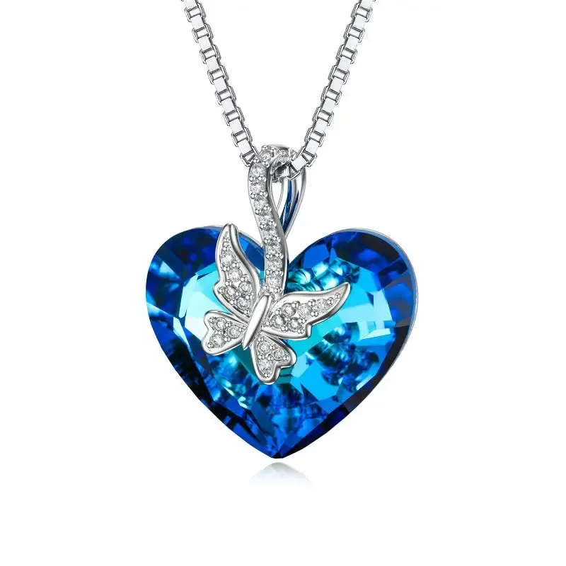 Sterling Silver Blue Heart Butterfly Crystal Pendant Necklace For Women