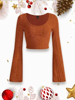 Women's Bell Sleeve Scoop Neck Ribbed Crop Top, Basic Comfort Long Sleeve Crop T-shirt for Lady, T Shirts for Women, Casual ...