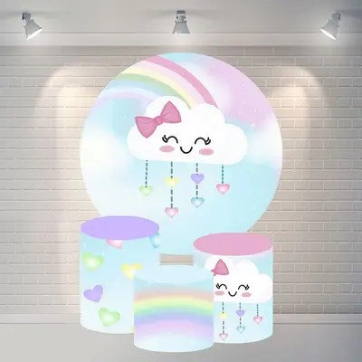 Aperturee Rainbow Cloud Circle Happy Birthday Backdrop For Party | Custom Round Backdrop | Round Backdrop Stand Covers | Circ...