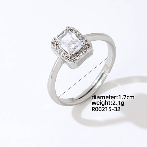 Rectangle Platinum Brass Adjustable Ring with Cubic Zirconia
