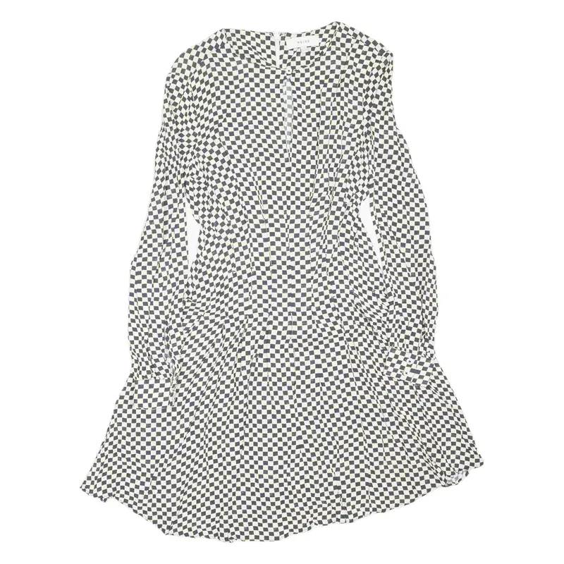 REISS Edna Cut Out Day Dress White Check Viscose Long Sleeve Short Womens UK 4