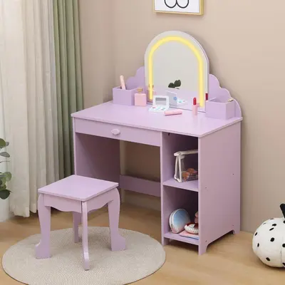 Garvee Kids Vanity with Lighted Mirror & Stool, 2 In 1 Little Girls Vanity and Wooden Makeup Playset with Adjustable LED Ligh...