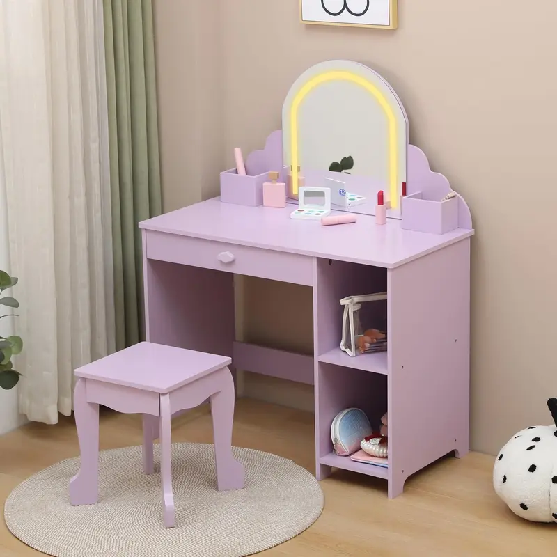 Garvee Kids Vanity with Lighted Mirror & Stool, 2 In 1 Little Girls Vanity and Wooden Makeup Playset with Adjustable LED Ligh...