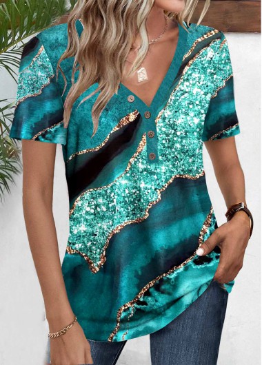 Modlily Turquoise Button Marble Print Short Sleeve T Shirt - XL