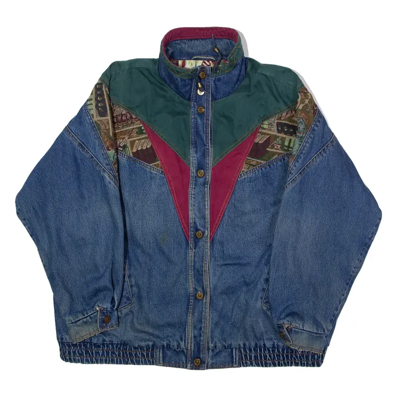 CURRENT SEEN Womens Denim Coat Blue 80s Crazy Pattern 2XL