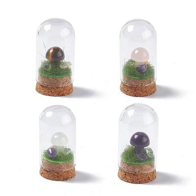 Natural Mixed Stone Mushroom Display Decoration with Glass Dome Cloche Cover