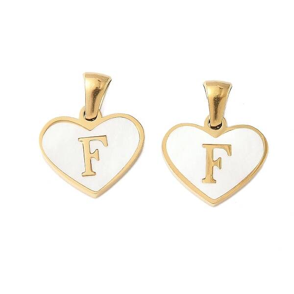 304 Stainless Steel Pave Natural White Shell Heart with Initial Slice Pendants