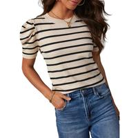 Dokotoo Women's Short Puff Sleeve Knit Tops 2025 Trendy Crewneck Striped T Shirts Casual Summer Blouses