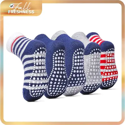 5-10 Pairs Of Children Socks with Grip Dots, Suitable for Infants And Both Boys And Girls, Non-Slip Indoor And Trampoline Soc...