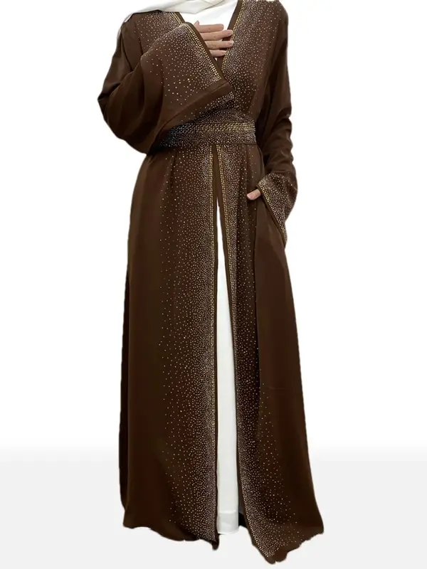 Women's Rhinestones Decor Abaya with Belt, Modest Casual Long Sleeve Open Front Abaya for Daily Wear, Ladies Islamic Clothing...