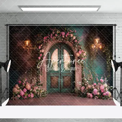 Aperturee Romantic Pink Green Door Floral Wedding Backdrop, 3X2FT(1MX0.6M), 14 USD, wedding backdrops, ENHD2J31-M