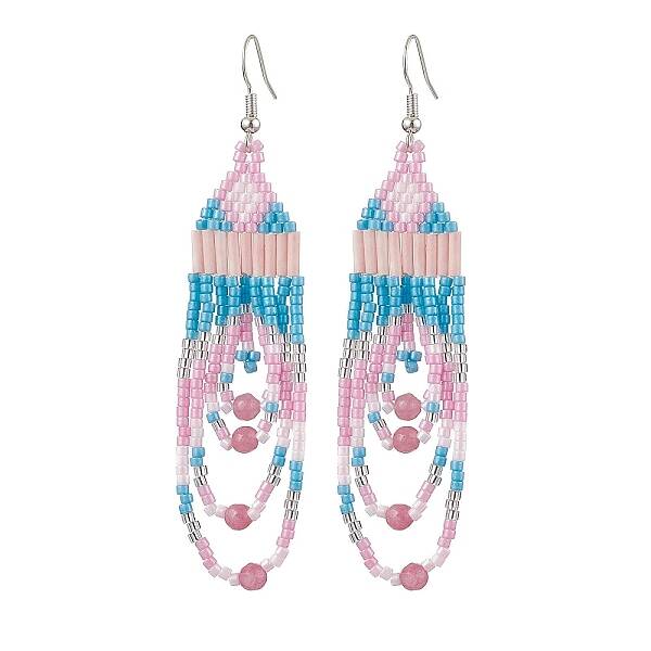 Iron with Glass with Natural White Jade Dangle Stud Earring