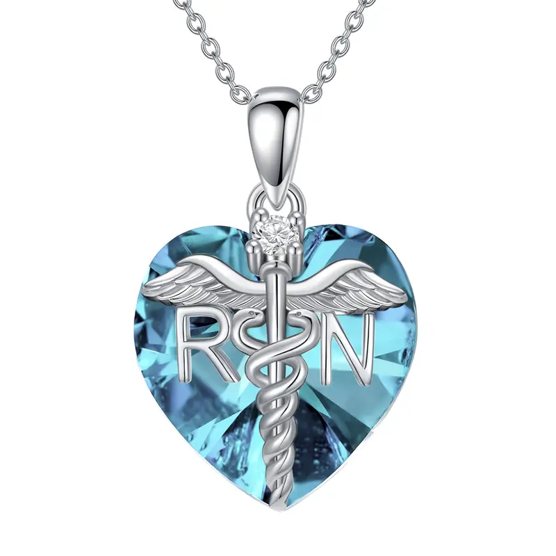Sterling Silver Heart Shaped Angel Wing & Caduceus Crystal Pendant Necklace