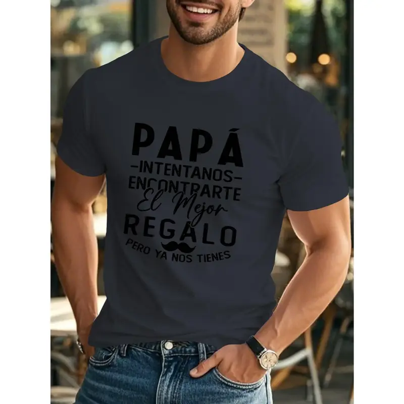 Fun French Father's Day Men's Short Sleeve T-Shirt - Black Casual Summer Top with Spanish Dad Quotes and Beard Pattern, Light...