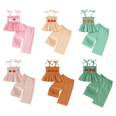 Toddler Baby Girl Halloween Outfit Pumpkin Smocked Tie-up Spaghetti Strap Babydoll Tops Wide Leg Pants 2 Piece Set