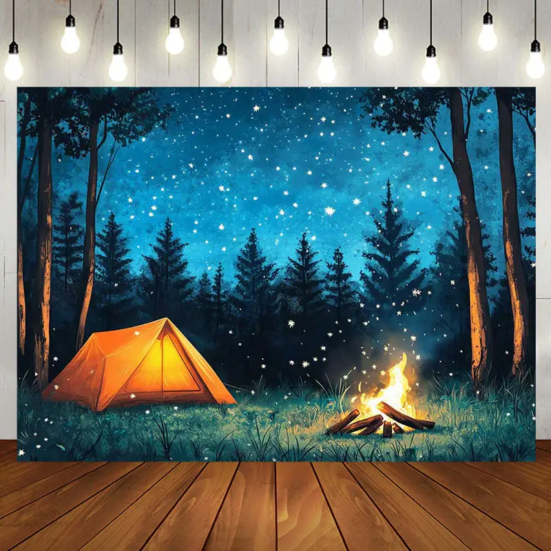 Aperturee Blue Starry Night Forest Camping Birthday Backdrop | Simple Backdrop For Birthday | Cake Smash Backdrop | Birthday ...