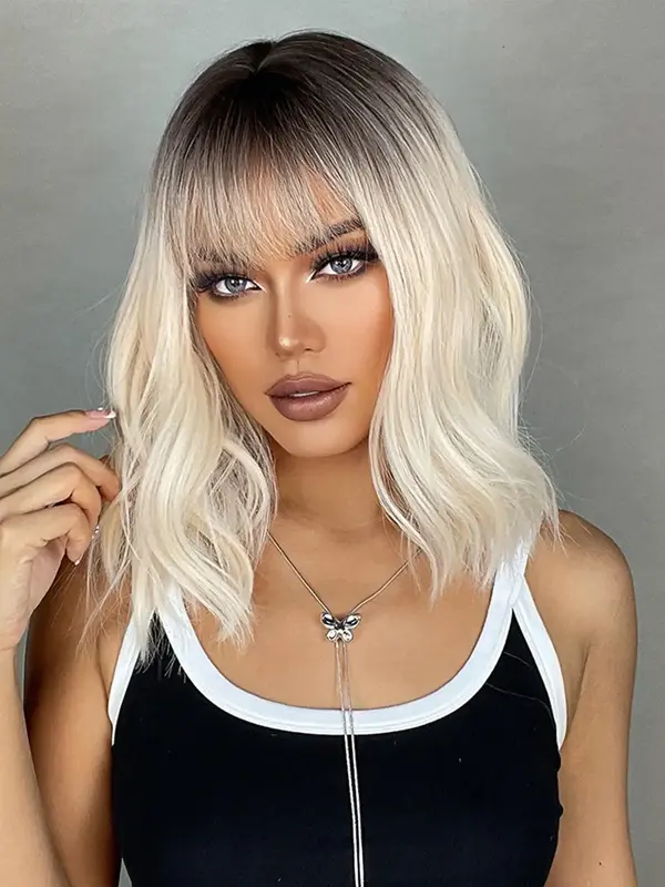 16 Inch Ombre Long Curly Wigs For Women, Natural Looking Gorgeous Fluffy Wigs With Bangs, Easy to Wear Synthetic Wigs For Par...