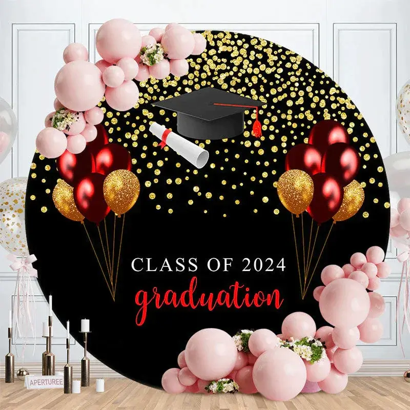 Aperturee Gold Glitter Purple Balloons Black Round Grad Backdrop | Graduation Backdrops For Photography | Personalized Gradua...