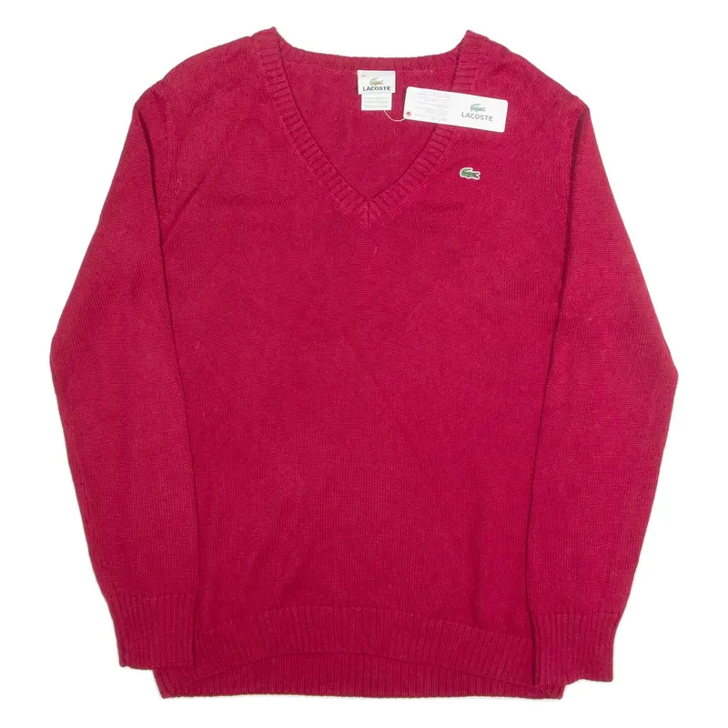 LACOSTE Womens Jumper Red V-Neck Tight Knit L