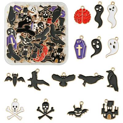 60Pcs 15 Styles Halloween Theme Alloy Enamel Pendants