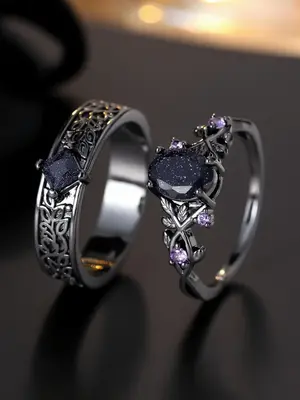 1 Pair Couple Rings Unique Blue Artificial Gemstones Engagement Rings for Women Birthday Anniversary Gift, Artificial Zircon ...