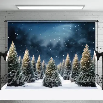 Night Snowy Green Abies Forest Christmas Backdrop - Aperturee