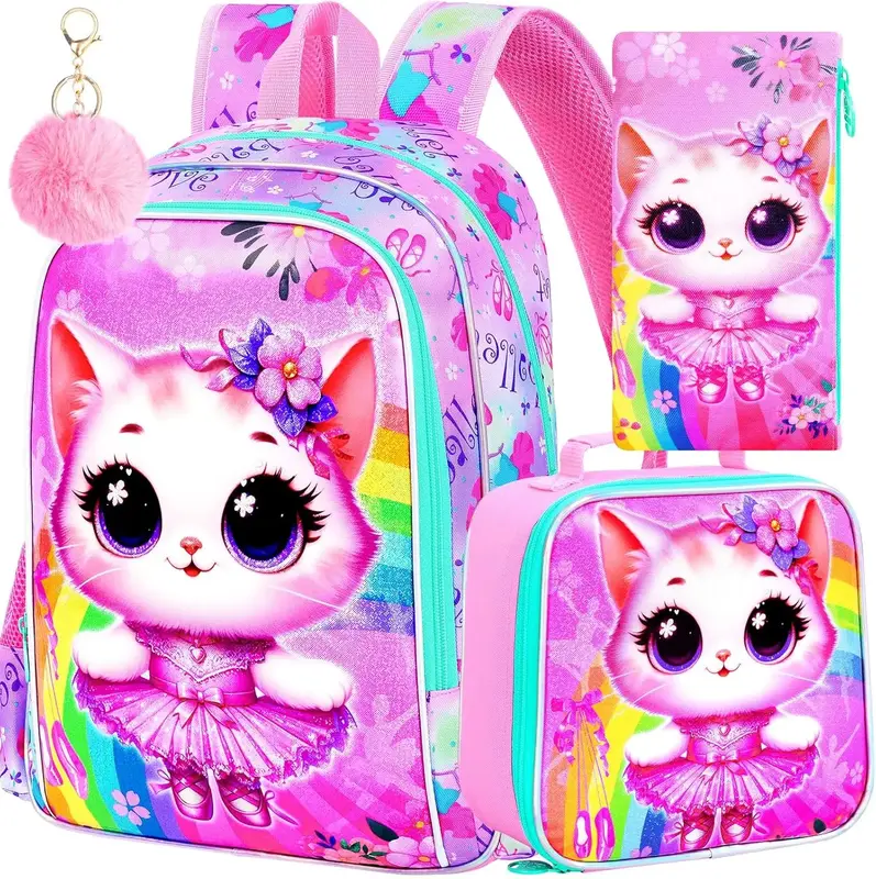 3PCS Cat Backpack for Girls, 16'' Kids Preschool Bookbag with Lunch Box, Cute Animal Water Resistant School Backpacks Set for...