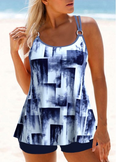 Modlily Metal Ring Geometric Print Navy Tankini Set - S