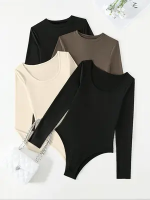 Women's Plain Long Sleeve Ribbed Bodysuit, Casual Solid Scoop Neck Body Suit for Spring & Fall, Bodysuits for Women, Lady Clo...