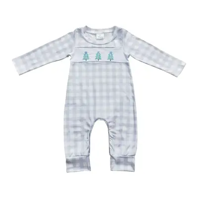 Christmas baby boy long sleeve embroidery tree plaid romper