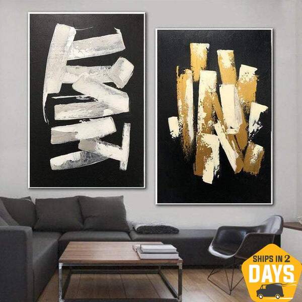 Large Abstract Painting on Canvas Black and White Wall Art Diptych Artwork Gold Leaf Wall Art Minimalist Painting for Indie R...