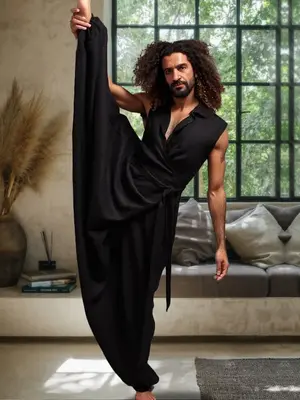 Loose Linen Blend Jumpsuit with Belt, Black / L