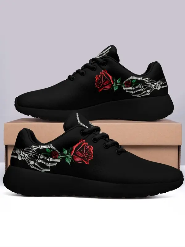 Women's Rose Skull Hand Bone Print Low Top Sneakers, Sports Running Shoes, Slip Resistant, Shock Absorbing, Breathable, Avail...