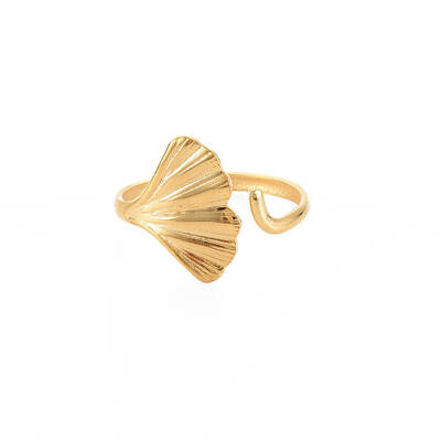 Ion Plating(IP) 304 Stainless Steel Ginkgo Leaf Wrap Open Cuff Ring for Women