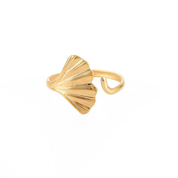 Ion Plating(IP) 304 Stainless Steel Ginkgo Leaf Wrap Open Cuff Ring for Women