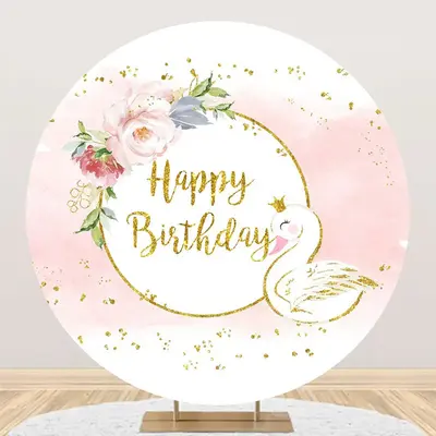 White Pink Gold Floral Swan Round Birthday Backdrop - Aperturee