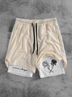 Men's Rose & Letter Print 2 in 1 Drawstring Waist Shorts, Casual Loose Pocket Track Shorts for Summer, Fashion Men's Bottoms ...