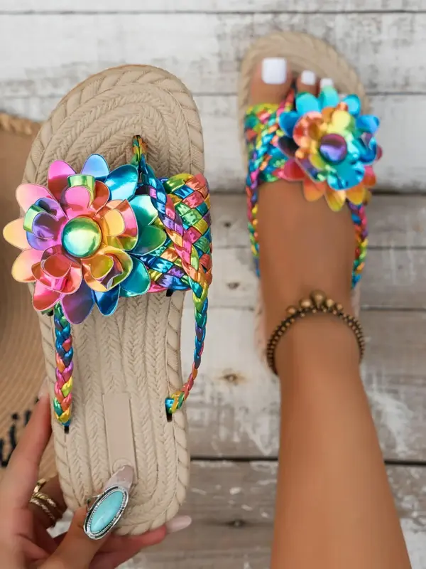 Women's Fashionable Casual Open Toe Summer Sandals, Flat Heel Slide Sandals, Summer 2024 Stylish Colorblock Braid Design & Fl...