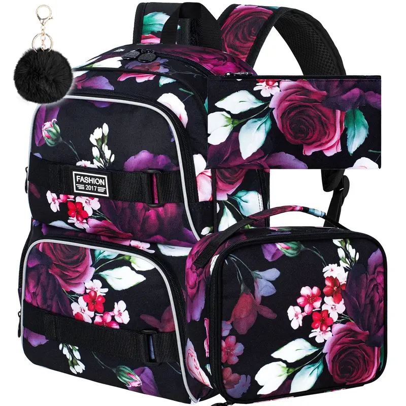 17 Inches Backpack for Girls Women, 3Pcs Rose Laptop Backpacks with Lunch Bag, Water Resistant College School Bookbag Set for...