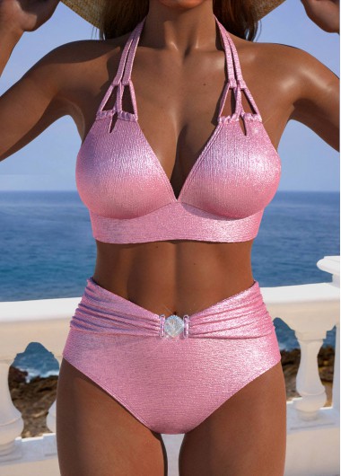 Modlily Mid Waisted Tie Pink Bikini Set - L