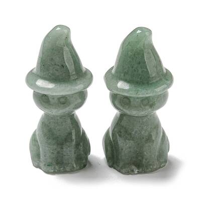 Natural Green Aventurine Carved Healing Cat with Witch Hat Figurines