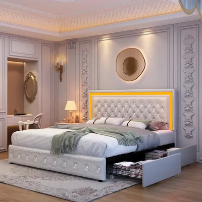 Queen LED Smart Bed Frame with 4 Storage Drawers Adjustable Headboard with Smart Control RGBW LED, Whisper-Quiet Design, Upho...