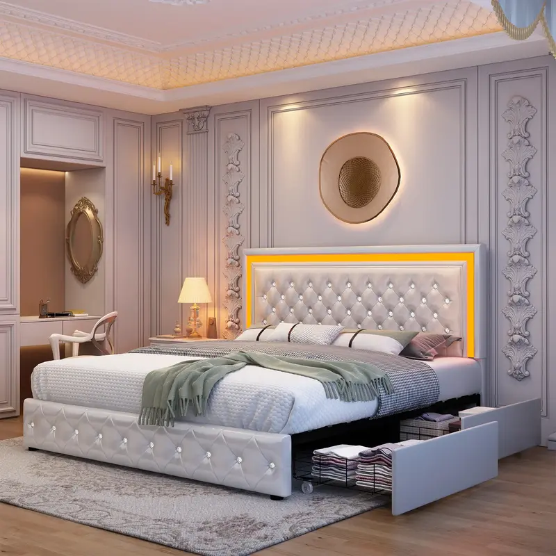 Queen LED Smart Bed Frame with 4 Storage Drawers Adjustable Headboard with Smart Control RGBW LED, Whisper-Quiet Design, Upho...