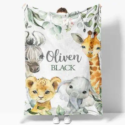 Jungle Safari Wild Baby Animals Custom Name Blanket - Aperturee