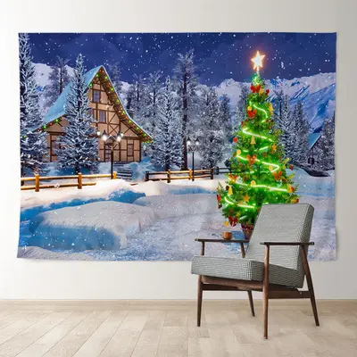 Aperturee Green Light Tree Snowy House Christmas Backdrop