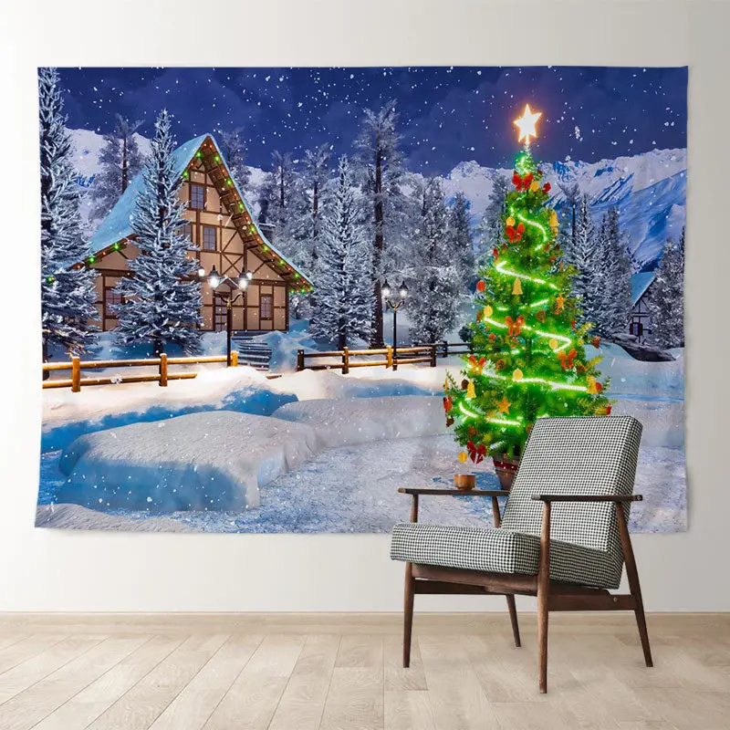 Aperturee Green Light Tree Snowy House Christmas Backdrop