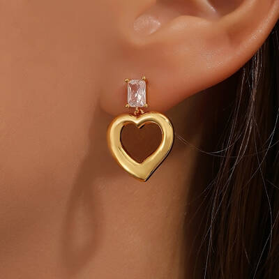 Brass Clear Cubic Zirconia Heart Stud Earrings