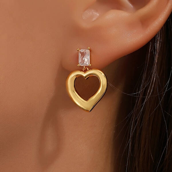Brass Clear Cubic Zirconia Heart Stud Earrings